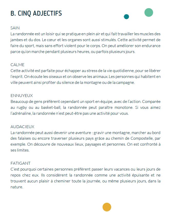 Cinq adjectifs pour décrire la randonnée. Activité FLE niveau A2.