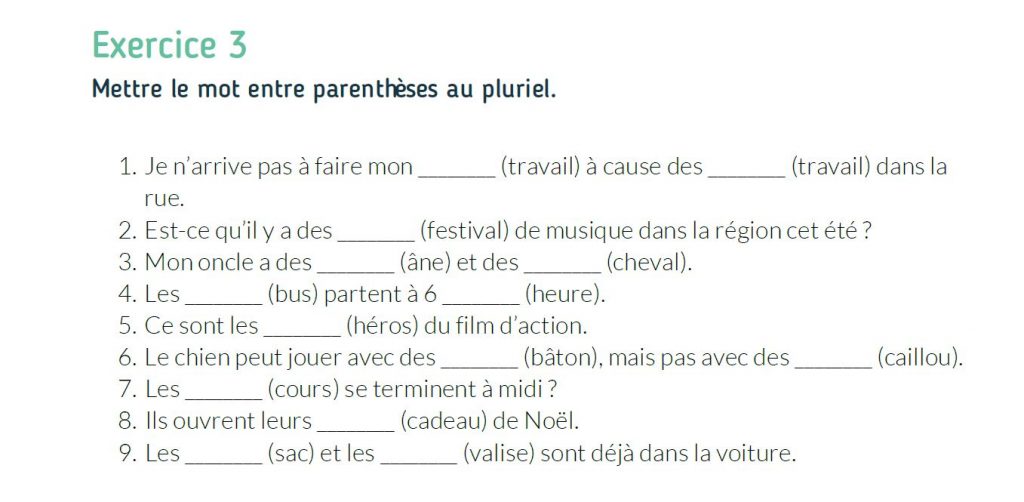 exercice sur le pluriel des noms. FLE A1